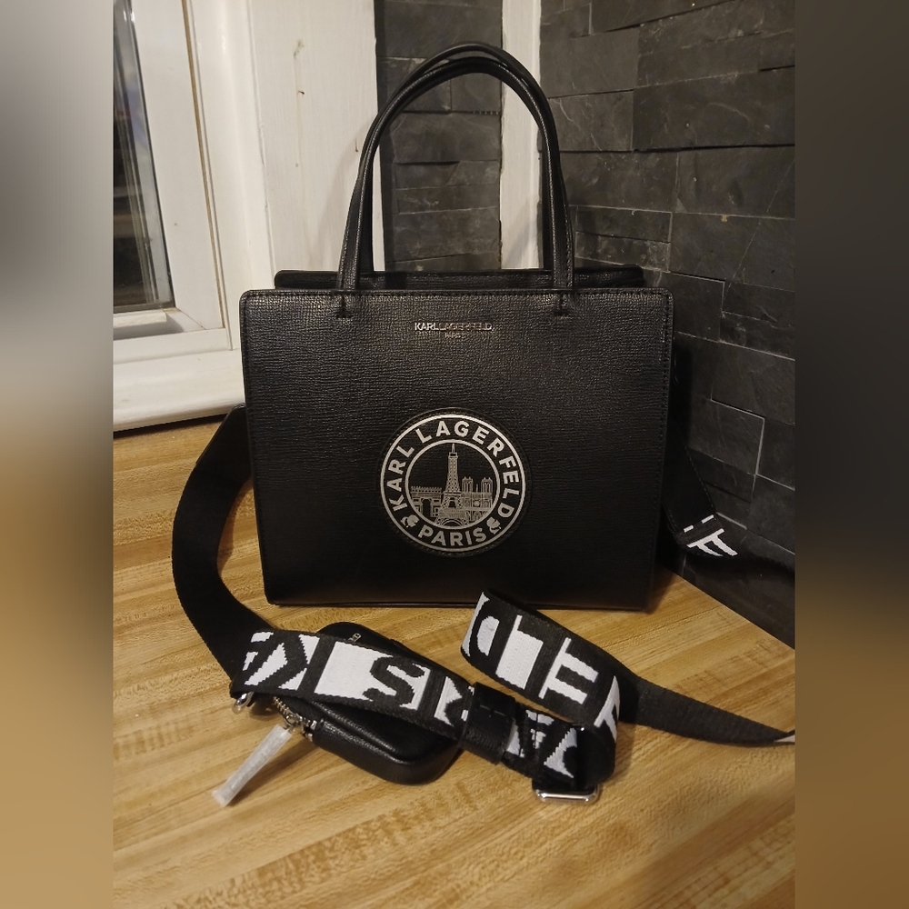 NWT Karl Lagerfeld Black Paris Tote/Crossbody with Coin pouch/airpod case. - Picture 9 of 11